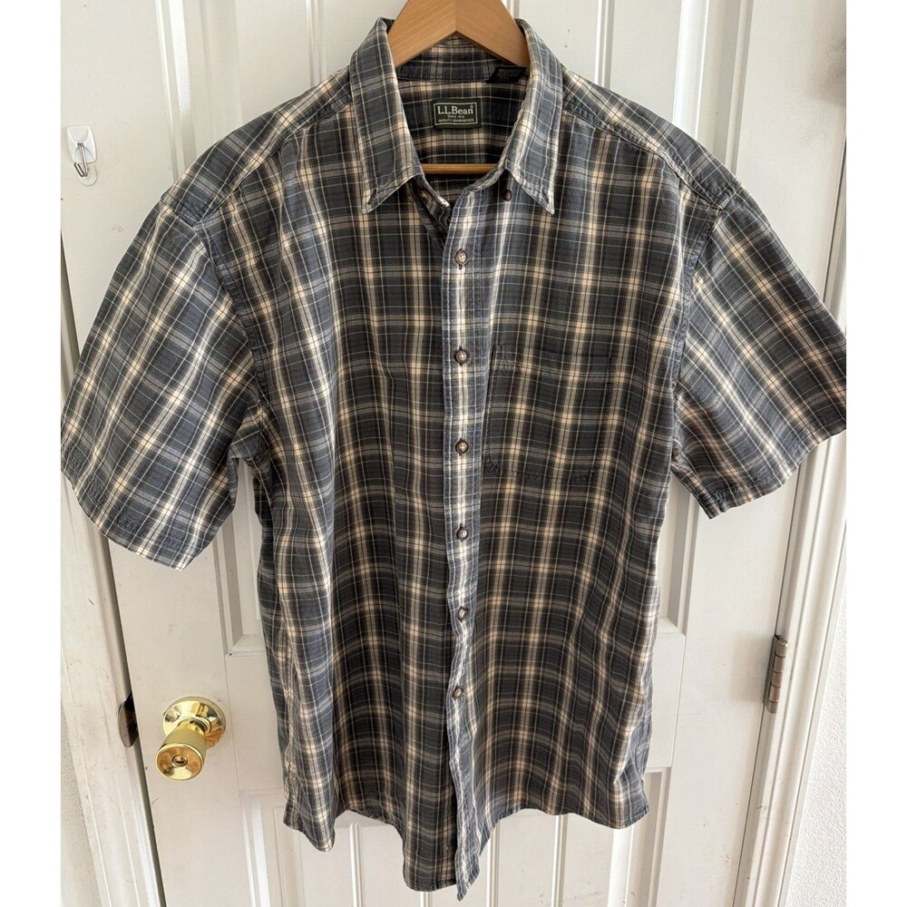 L.L.Bean Men's Shirt Large Blue Green Cream Plaid Short Sleeve Button Down